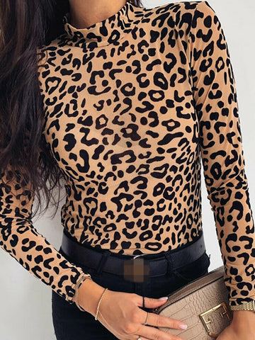 Hudson Yards Leopard Print Turtle Neck Blouse Autumn Long Sleeve Tops