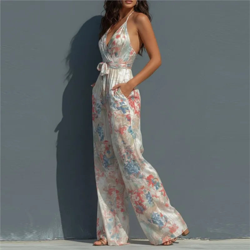 Fashion Elegant Long Jumpsuit Women Sexy Backless Wide Leg Jumpsuits Casual Sleeveless Floral Rompers Summer Clothes Jumpsuits