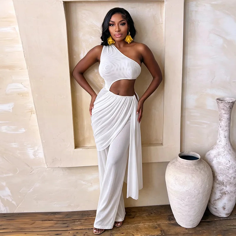 Alabama Mesh See Through One Shoulder Cutout Waist Jumpsuit Draped Overlay