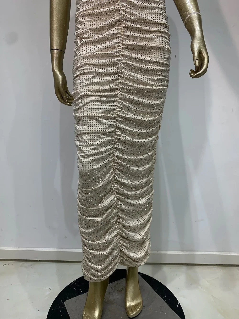 Yaphank Sleeveless Diamonds Backless Ruched Beige Maxi Long Dress