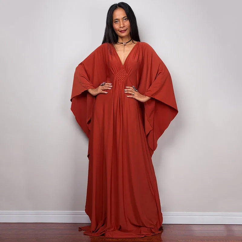 Plaza Plus Size Caftan Solid Color Plus Size Beach V Neck Cover Up Loose Soft Kaftan Dress