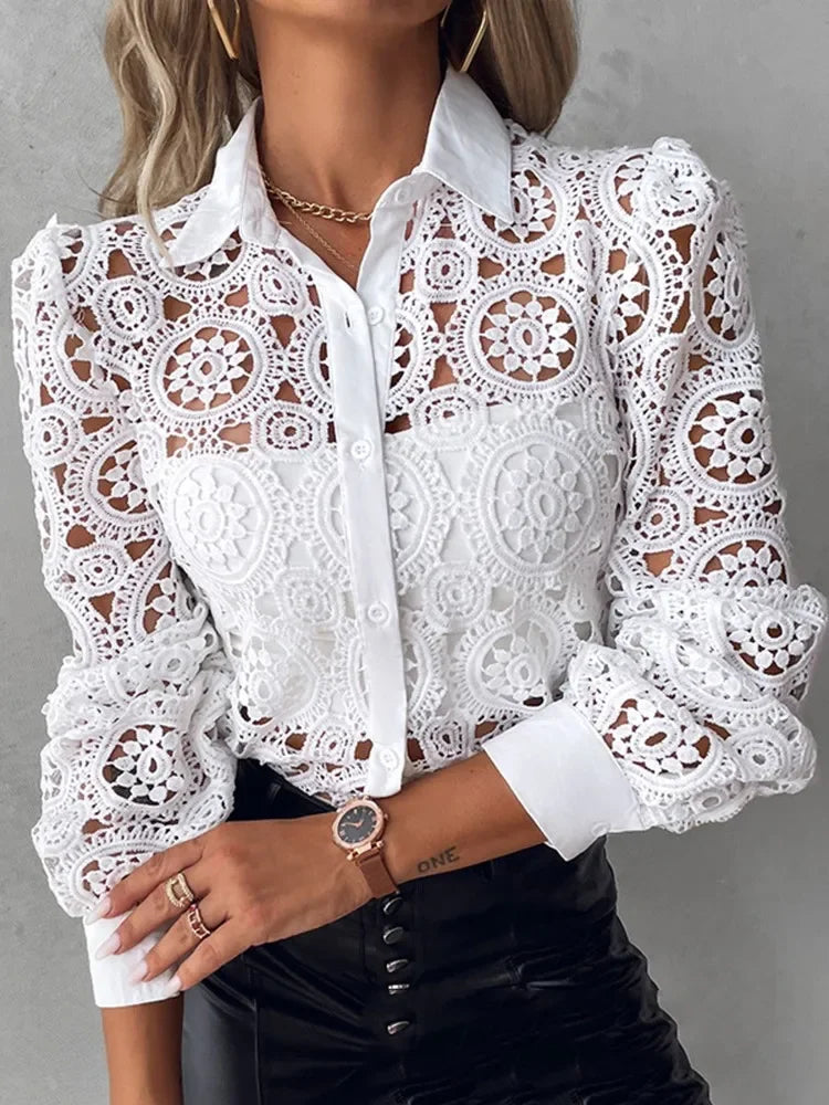 Lansdale Elegant Office White Shirt Long Sleeve Button Turn-down Collar Sexy Hollow Blouse