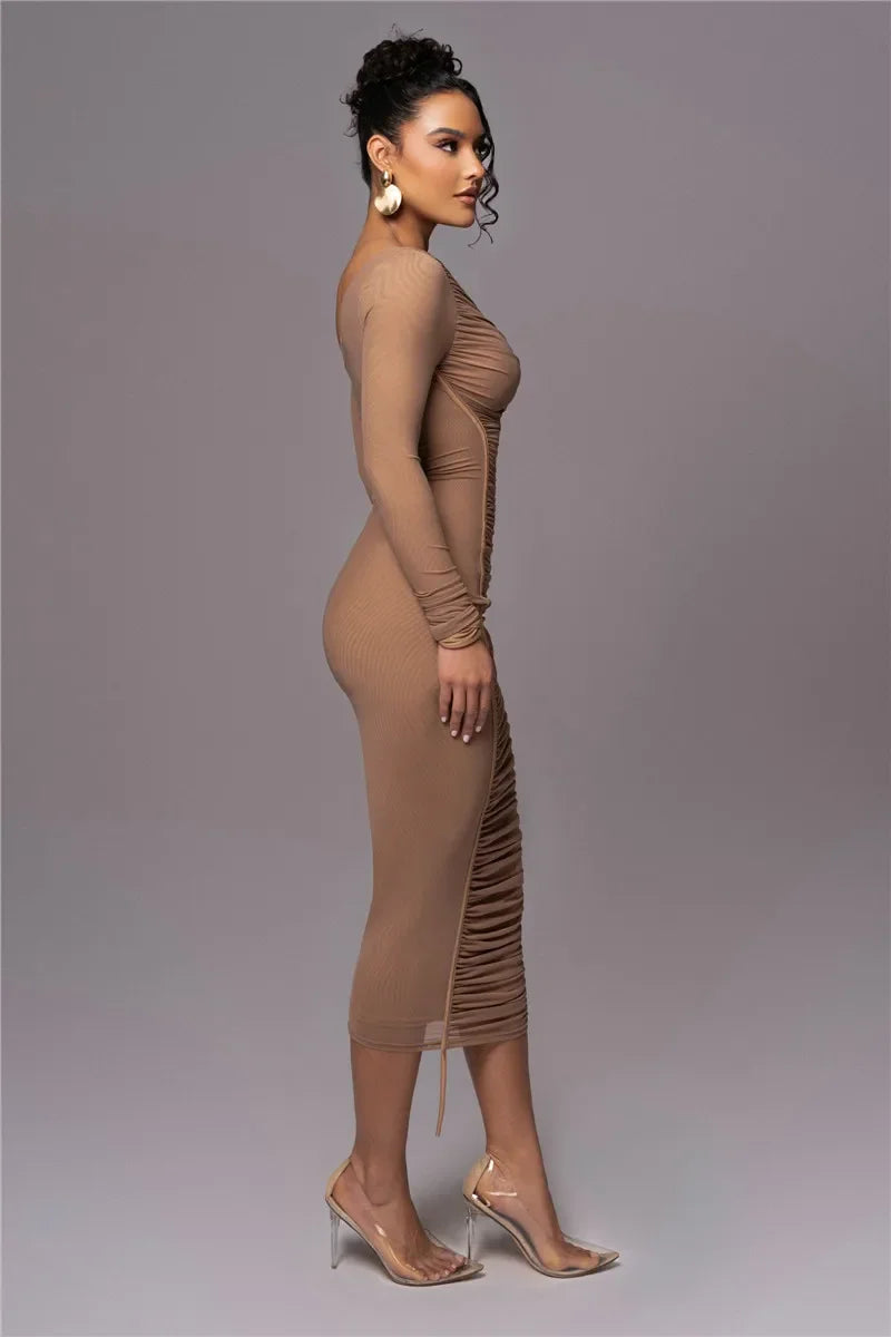 Dyker Heights Diagonal Collar Long Sleeve Mesh Backless Ruched Bodycon Midi Dress