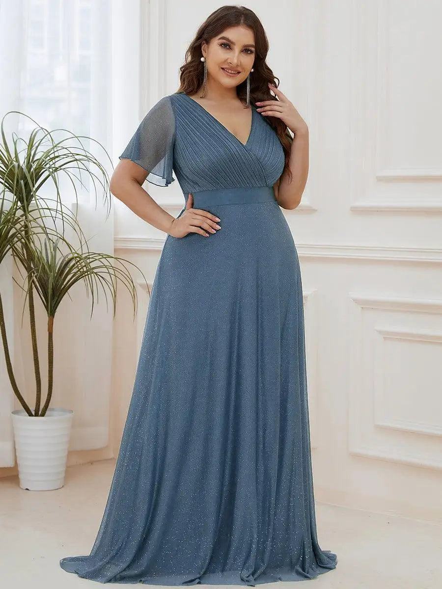 Gazcue Plus Size Chiffon Mother of the Bride Party Glitter V Neck A Line Dress