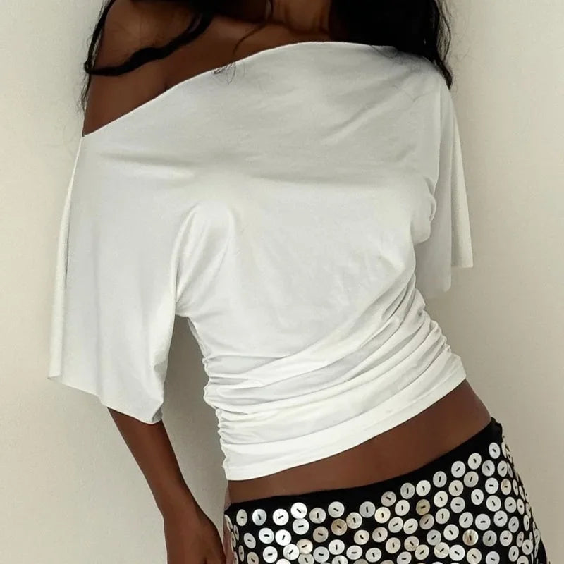 Weequahic One Shoulder Fashion Slim Shrink Sleeve Solid Pullover Tops