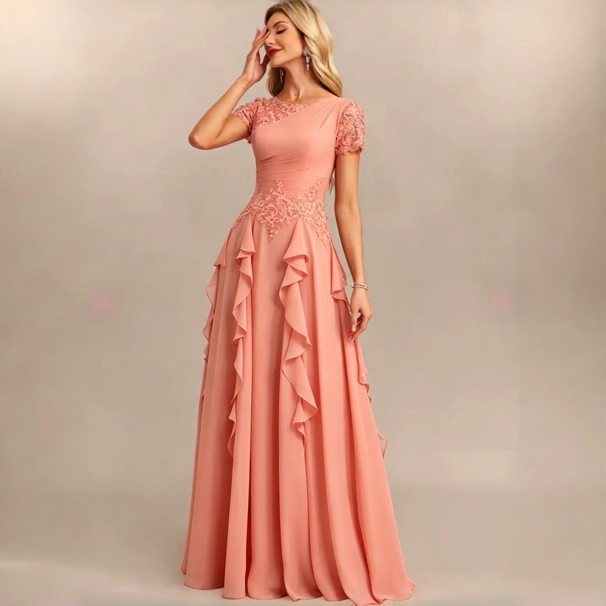 Dumbo Asymmetrical Neck Chiffon Bridesmaid Lace Sleeve Ruched Waist Cascading Dress
