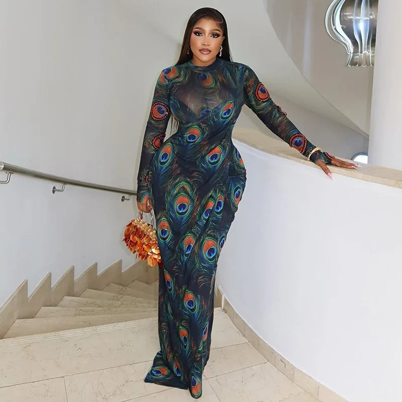 Canada Feathers Print Turtleneck Long Sleeve Hips Wrapped Long Dress