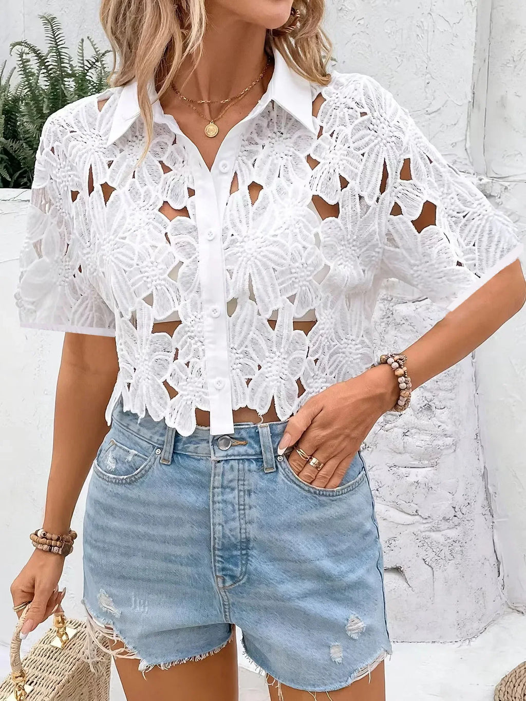 Seven Mile Lace Stylish Elegant Casual Holiday Party Hollow Shirts