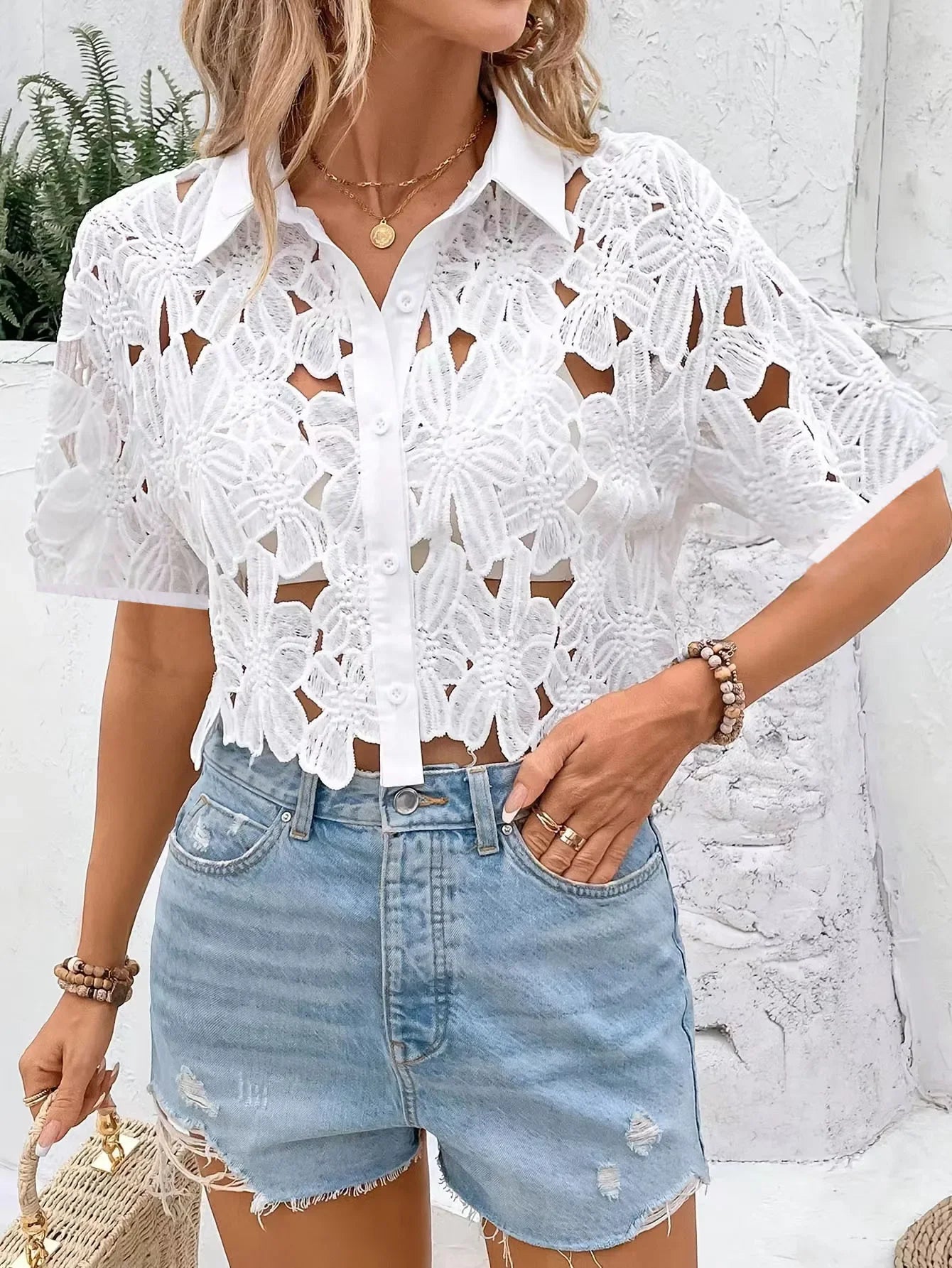 Seven Mile Lace Stylish Elegant Casual Holiday Party Hollow Shirts