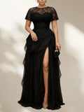Ohio Plus Size Lace Mesh Evening Formal Splice Hollow Out Split Hem Dress