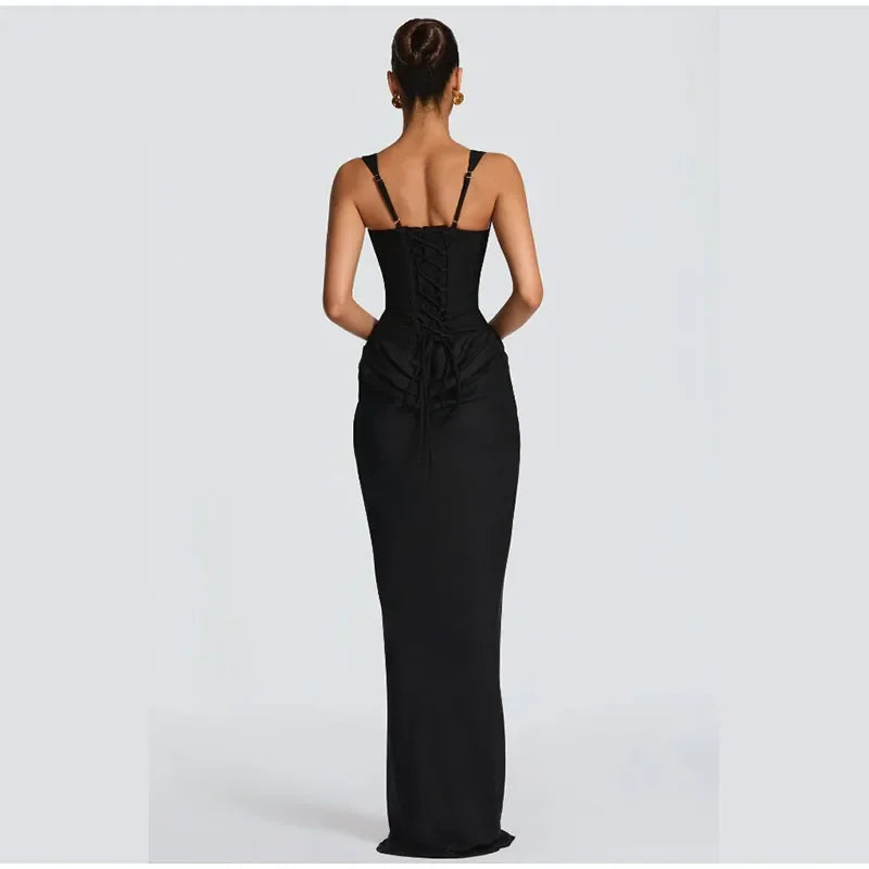 Tapansee Solid Sexy Pleated Strapless Off Shoulder Backless High Waist Split Maxi Dress