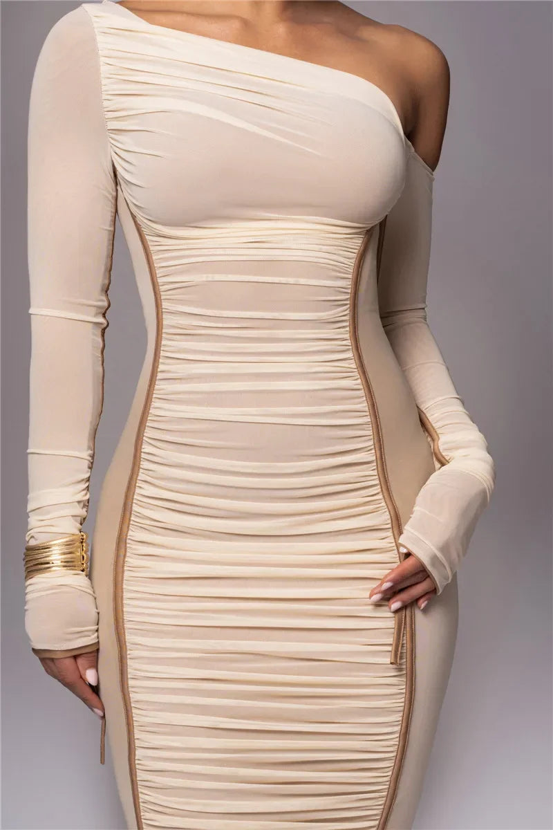 Dyker Heights Diagonal Collar Long Sleeve Mesh Backless Ruched Bodycon Midi Dress