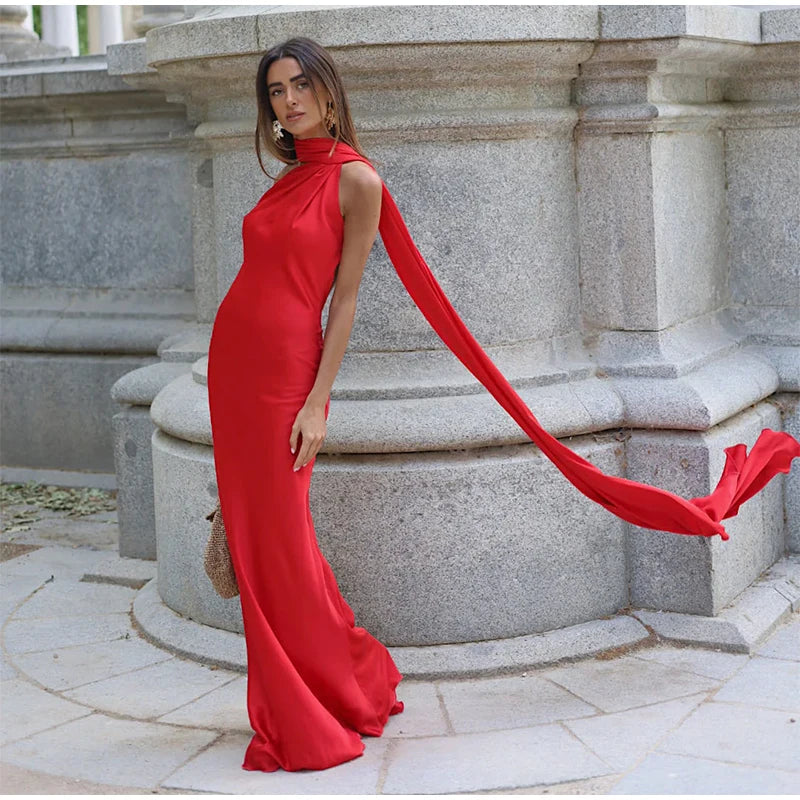 Califon Sexy Satin Ribbon Party Elegant Halter Backless Off Shoulder Sleeveless Maxi Dress