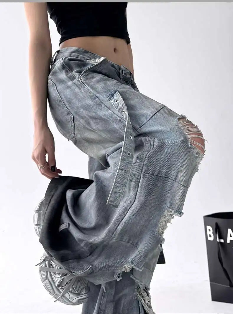 Jeans American High Street Ripped Straight Wide-Leg Jeans For Women Design