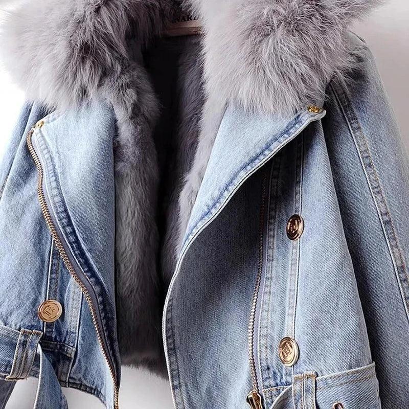 Tobyhanna Faux Fox Fur Collar Short Warm Parkas Rabbit Hair Lining Outwear Jacket