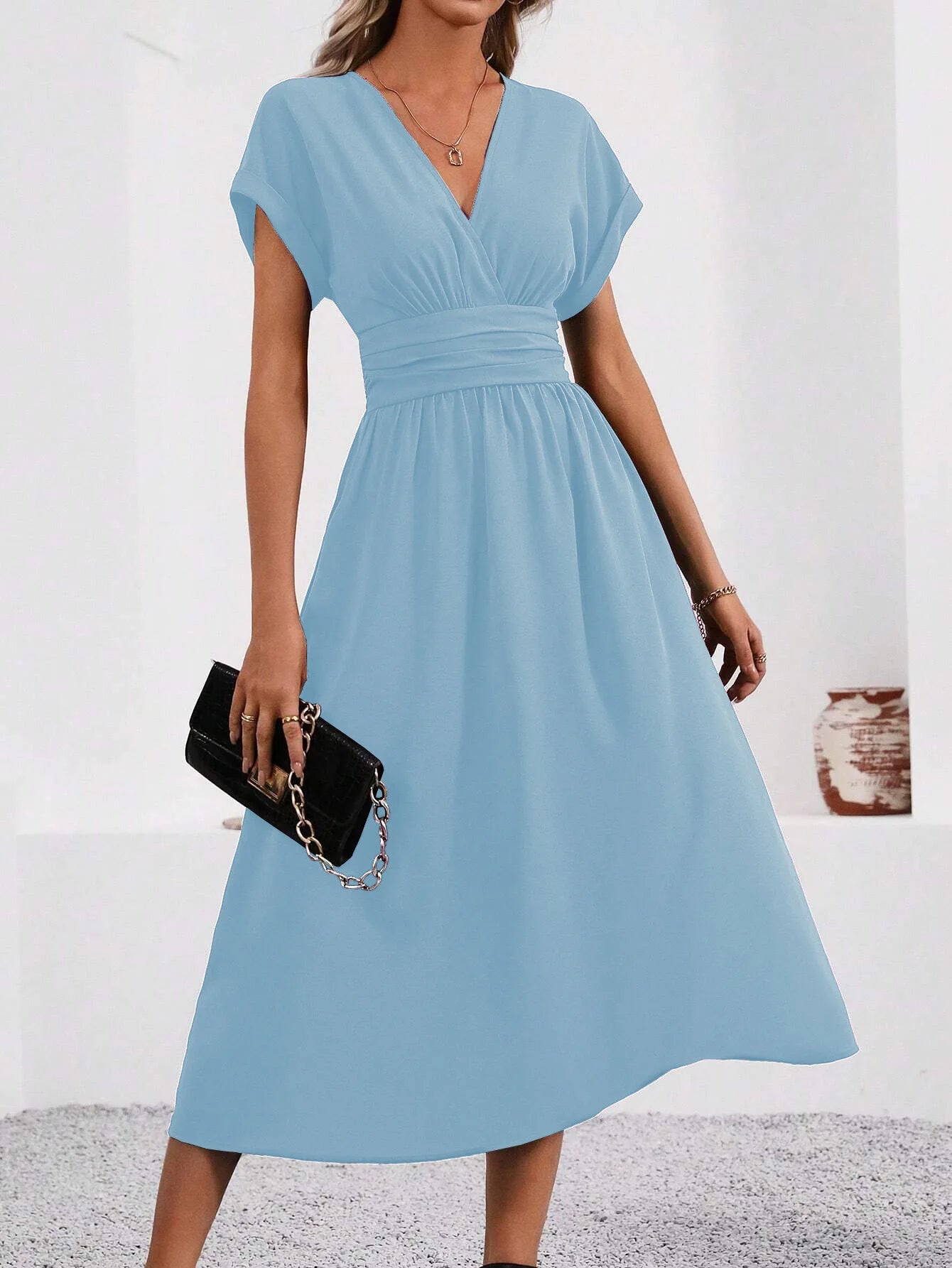 Guachupita Solid-Color V Neck Batwing-Sleeve Pleated Long Elegant Dress