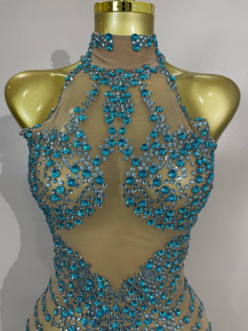 Elmira Rhinestones Sexy Mesh See Through Dress Party Evening Dress