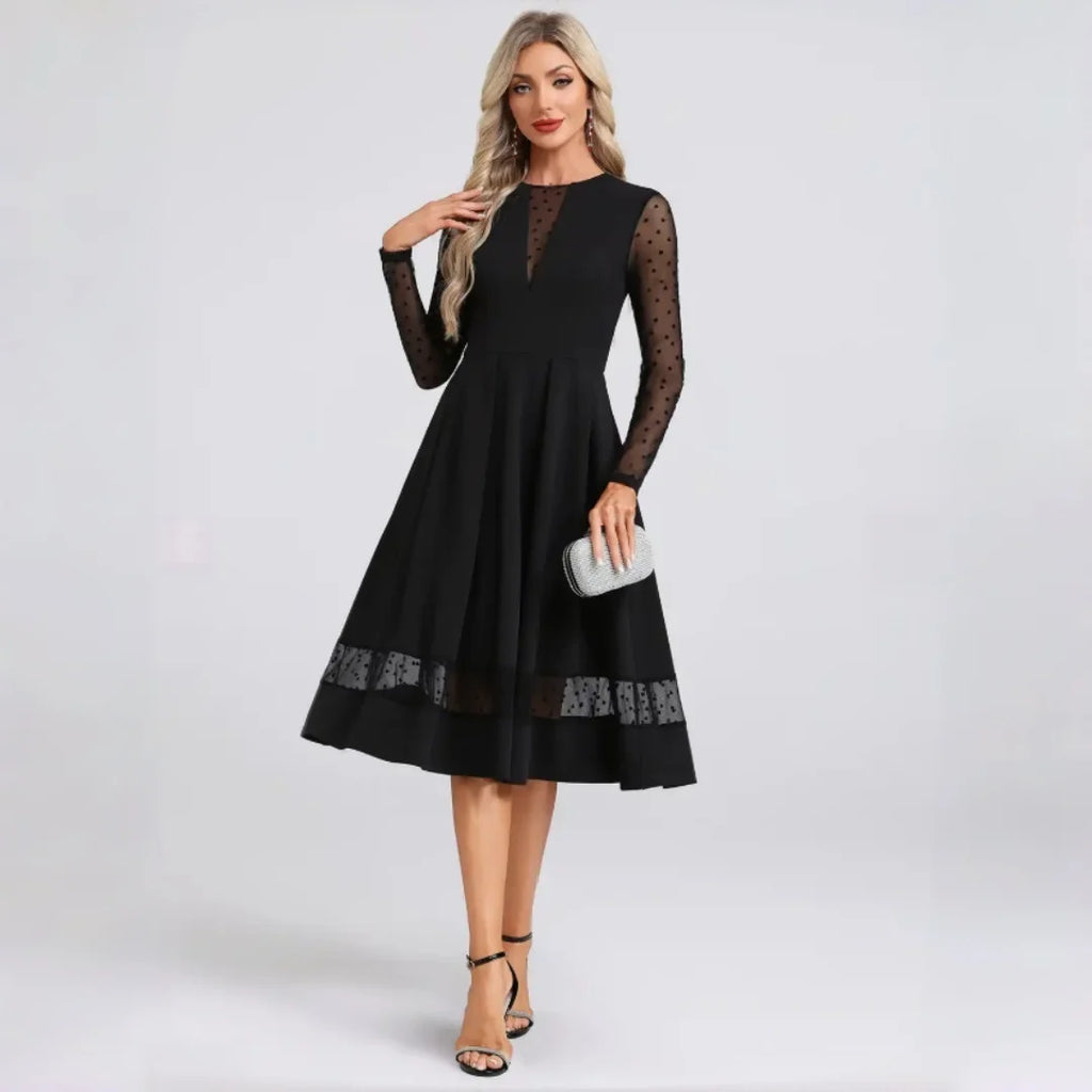 Benice Black Midi Cocktail Polka Dot Mesh Long Sleeve Illusion A‑Line Swing Dress