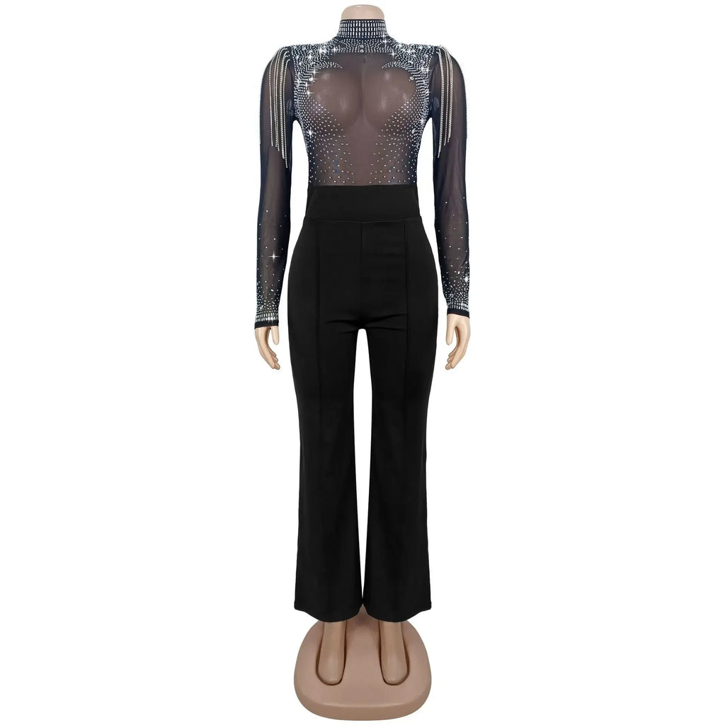 Lincoln Square Rhinestone Patchwork Mesh See Through Long Sleeves Jumpsuit