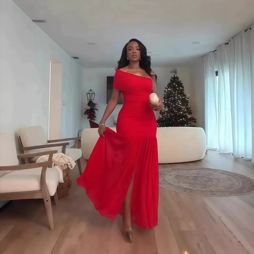 Elegant Skew Neck One Sleeve Off Shoulder Mesh Slit Long Maxi Dresses