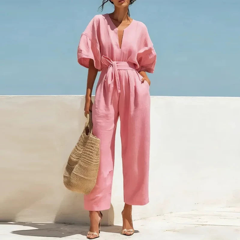 Summer Elegant Jumpsuit V Neck Lace Up High Waist Half Sleeve Long Pants Jumpsuits For Women Casual Loose Romper Playsuits