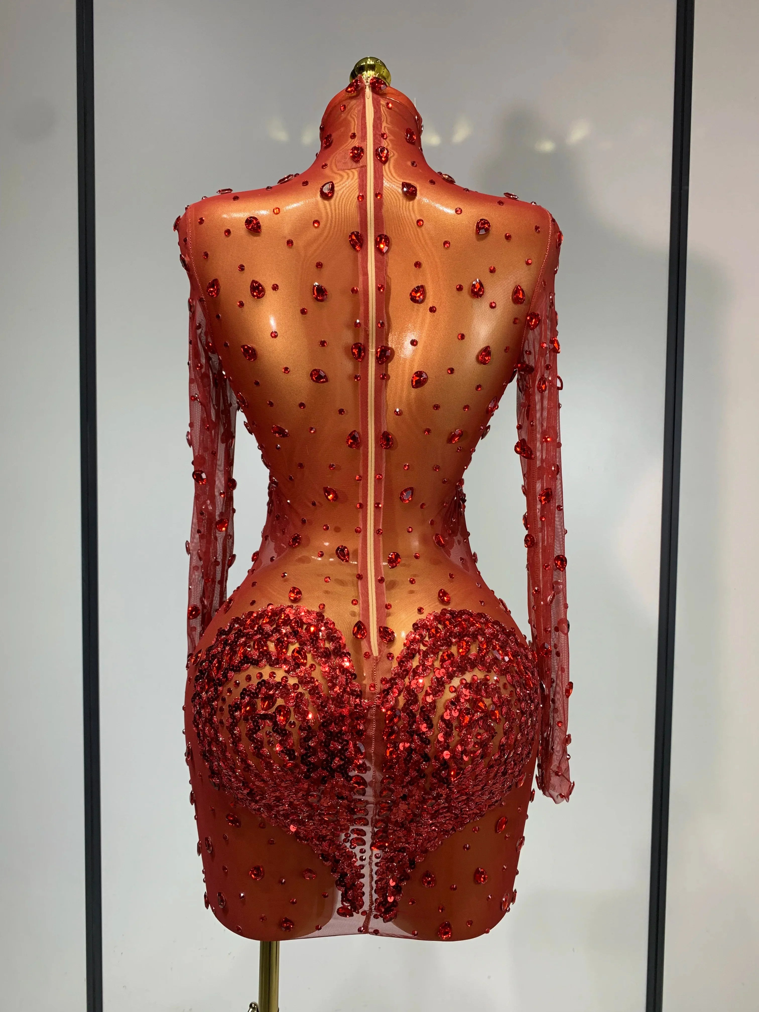 Ithaca High Quality Rhinestone Sequin Sexy See Through Mesh Mini Dress