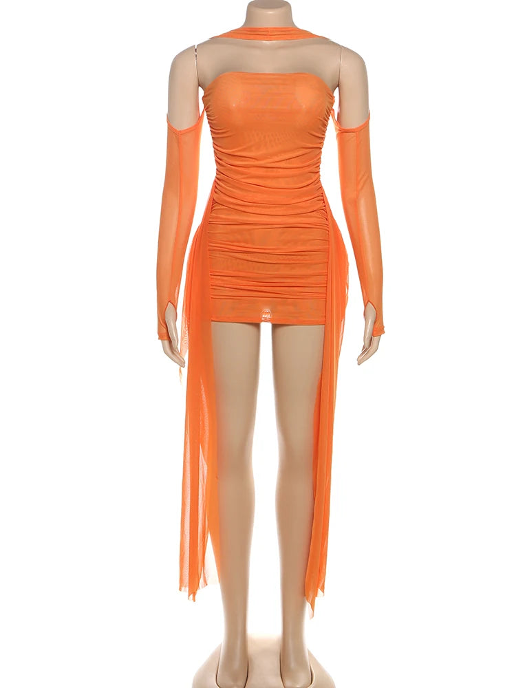 Edison Sexy See Through Dress Shawl Ruched Side Ribbon Coquette Skinny Dress
