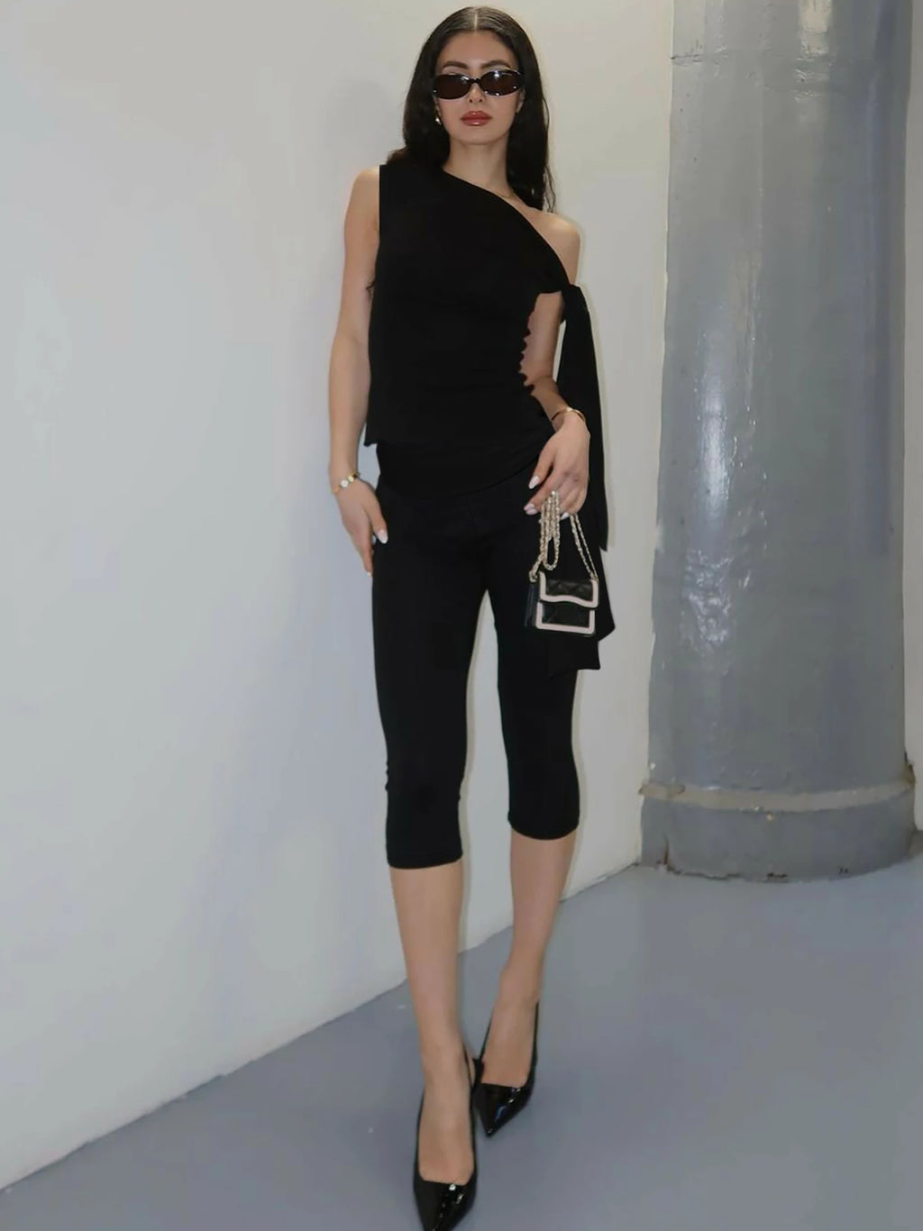 Joana Solid One Shoulder Sleeveless Two Piece Sets