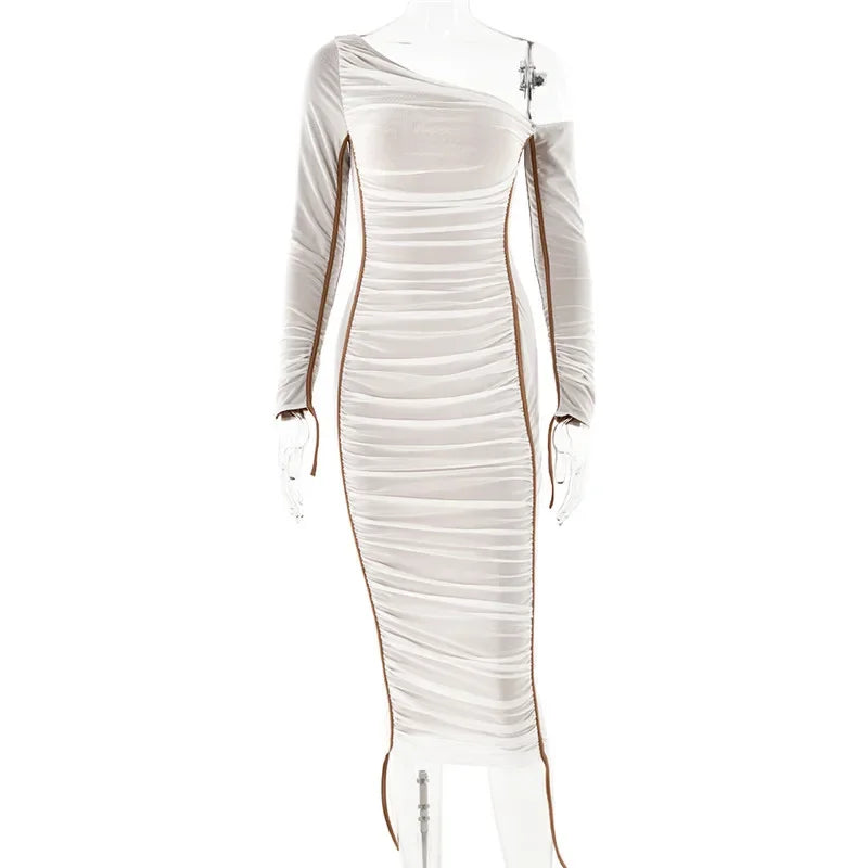 Dyker Heights Diagonal Collar Long Sleeve Mesh Backless Ruched Bodycon Midi Dress