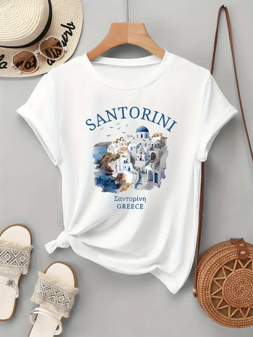 Santorini Printed Round Neck T-Shirt Print Sleeve Printed T Shirt