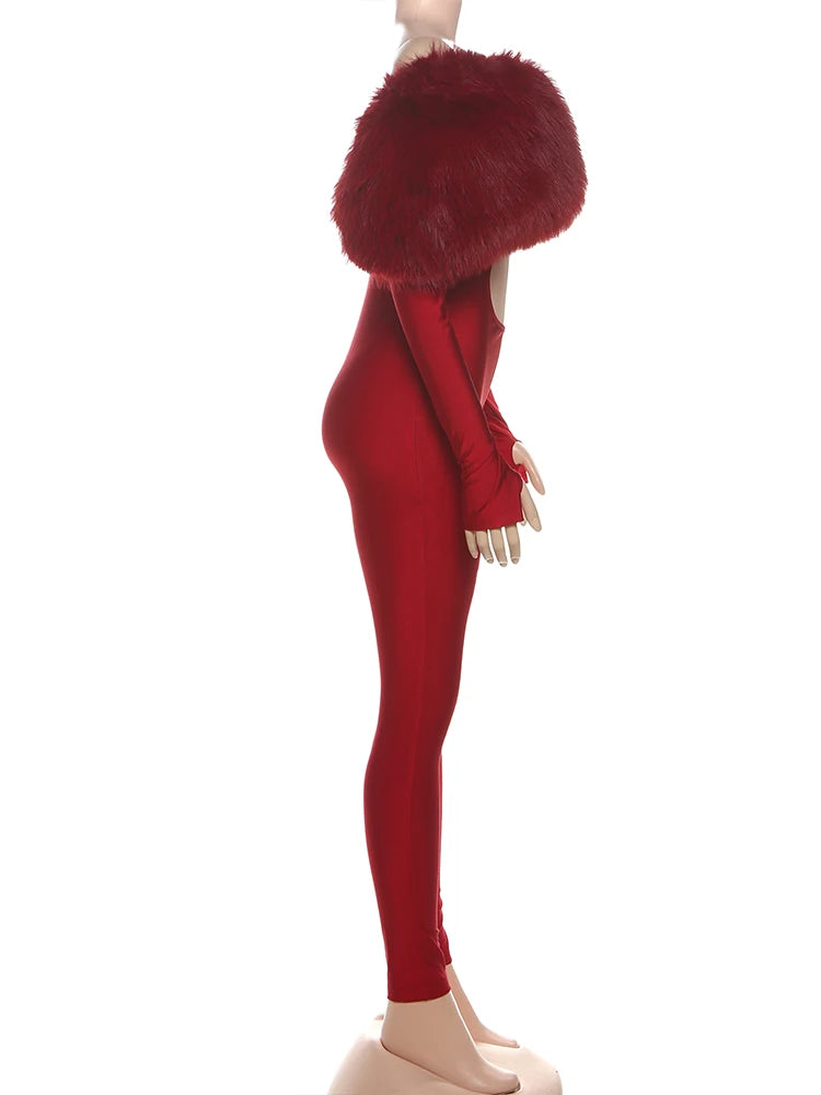Branford Furry Slash Neck Hipster Patchwork Trend Sexy Hollow Stretch Jumpsuits
