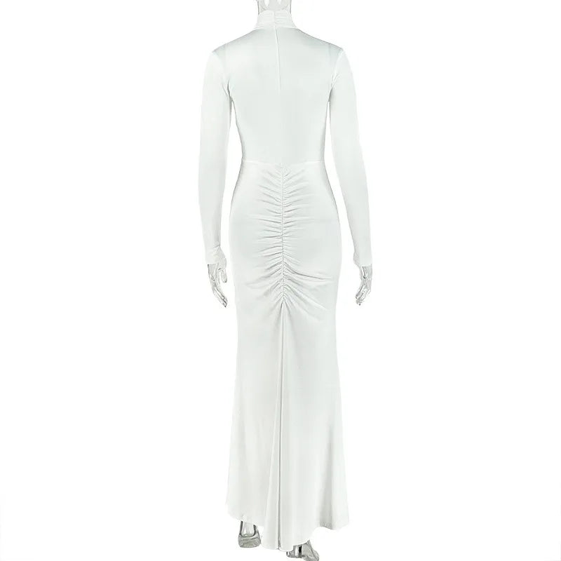 Bedford Turtleneck Hollow Out Chest Wrapped Long Sleeve Pleated Bodycon Long Dress
