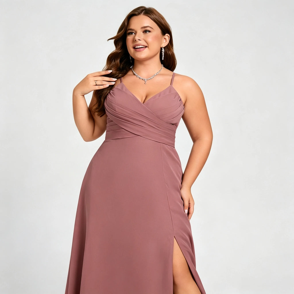 Lawrence Plus Size Chiffon Bridesmaid Dress Dusty Rose Crisscross Back Slit Formal Gown