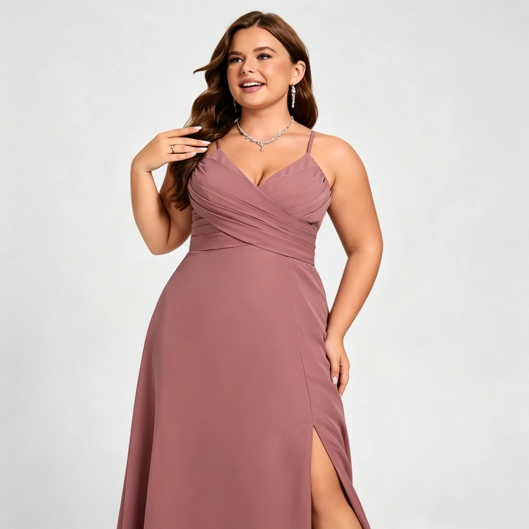 Lawrence Plus Size Chiffon Bridesmaid Dress Dusty Rose Crisscross Back Slit Formal Gown