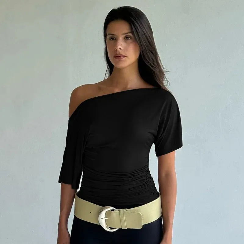Weequahic One Shoulder Fashion Slim Shrink Sleeve Solid Pullover Tops