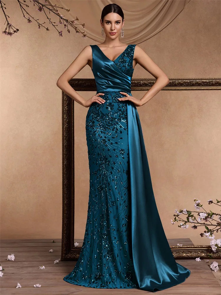 Puebla Elegant V Neck Splice Ribbons Sequins Sleeveless Mermaid Formal Dress