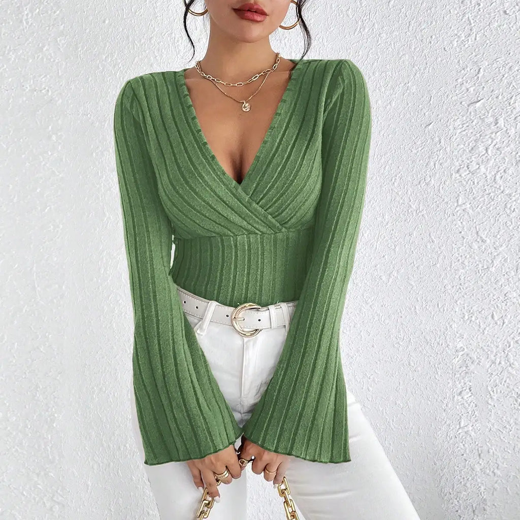 Uranus Long Sleeved V Neck Slim Striped Long Sleeved Knitted Tops
