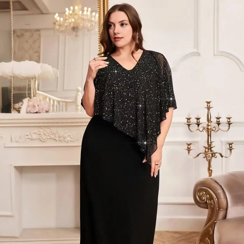 Orlando Plus Size O Neck Midi Loose Lady Chiffon Sequin Sexy Elegant Dress