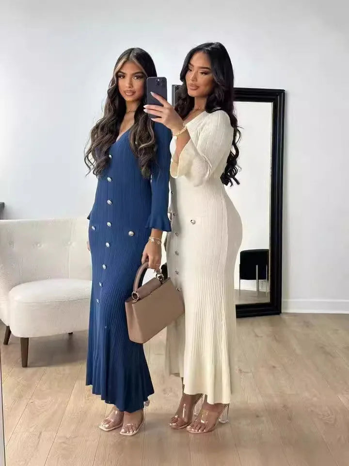 Tennessee Elegant Knitted Fashion V Neck Long Sleeves Slim Buttons Solid Color Long Dress