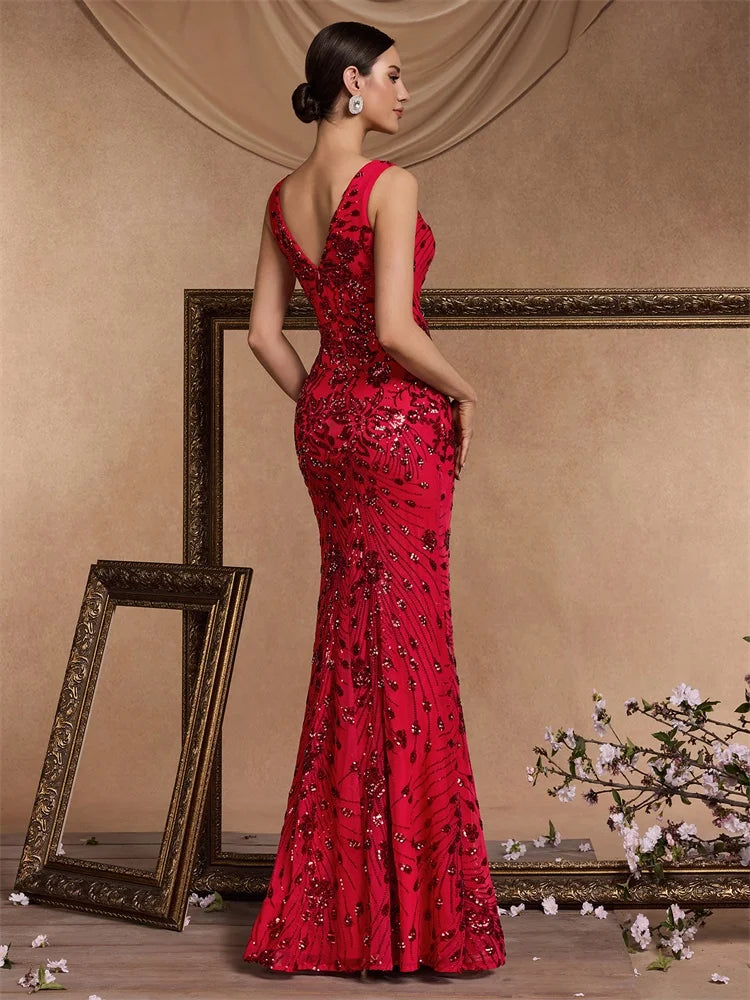 Praga Elegant Slit Evening Long Mermaid Formal Sequin Sexy V Neck Dress