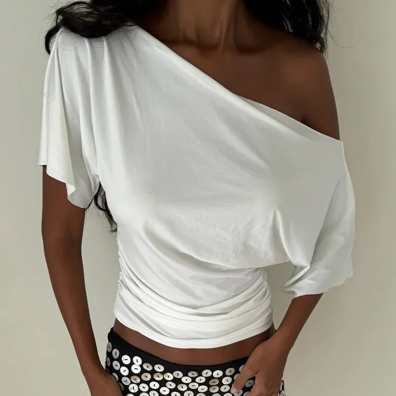 Weequahic One Shoulder Fashion Slim Shrink Sleeve Solid Pullover Tops