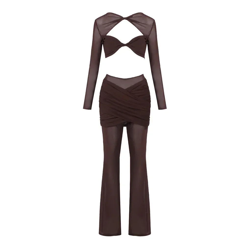 Williamsburg Mesh Fashion Street Wear Hollow Out Design Crop Set