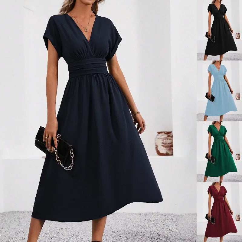 Guachupita Solid-Color V Neck Batwing-Sleeve Pleated Long Elegant Dress