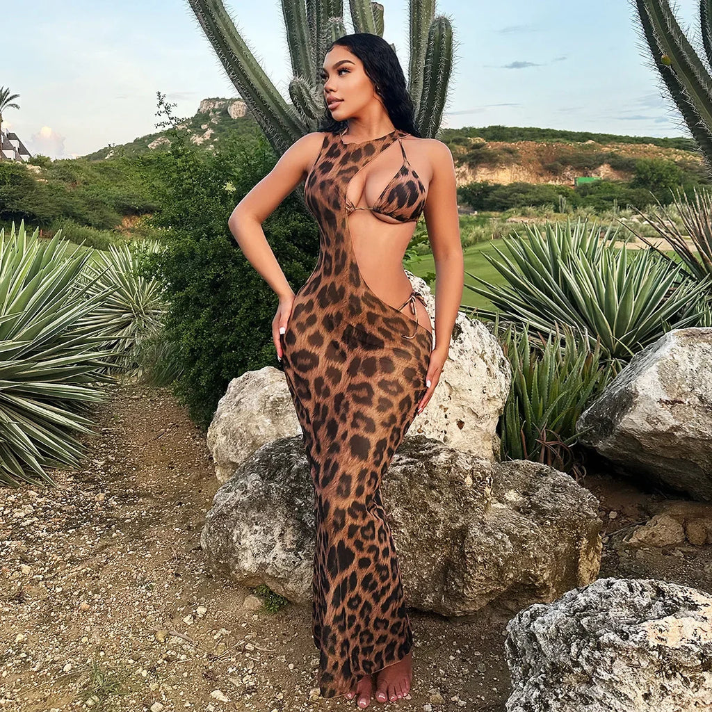 New Bedford Cutout Leopard Printed Sexy Long Swimsuit Set