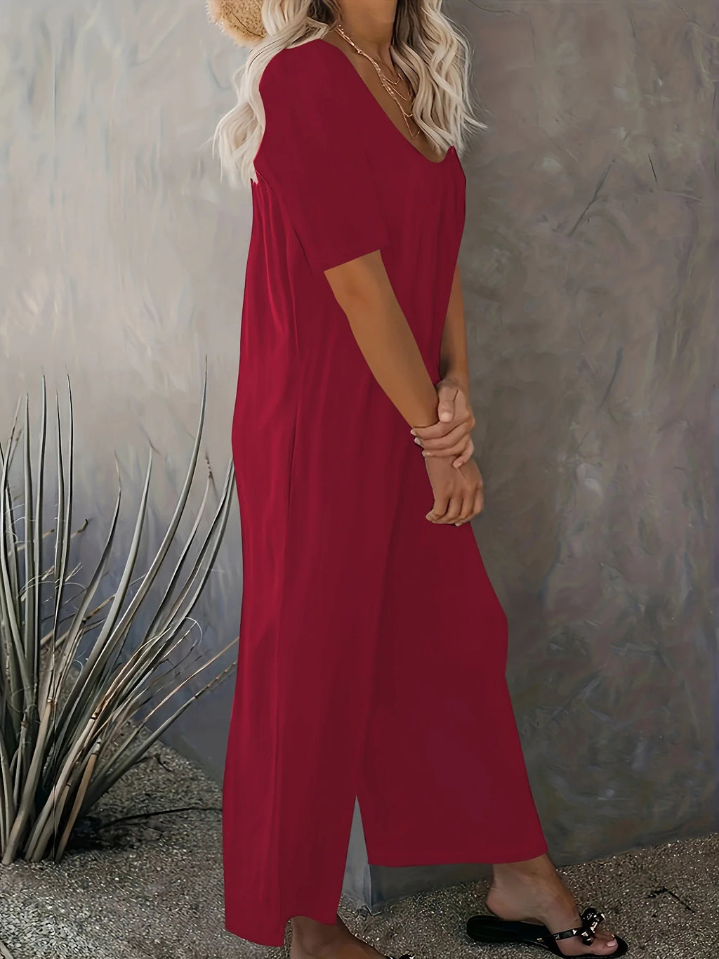 Plus Size Summer Women's Solid Color Jumpsuit with Pockets Casual Fashion