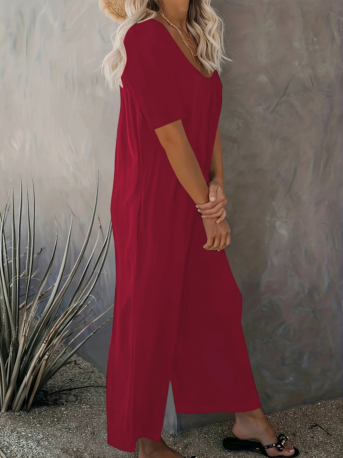 Plus Size Summer Women's Solid Color Jumpsuit with Pockets Casual Fashion