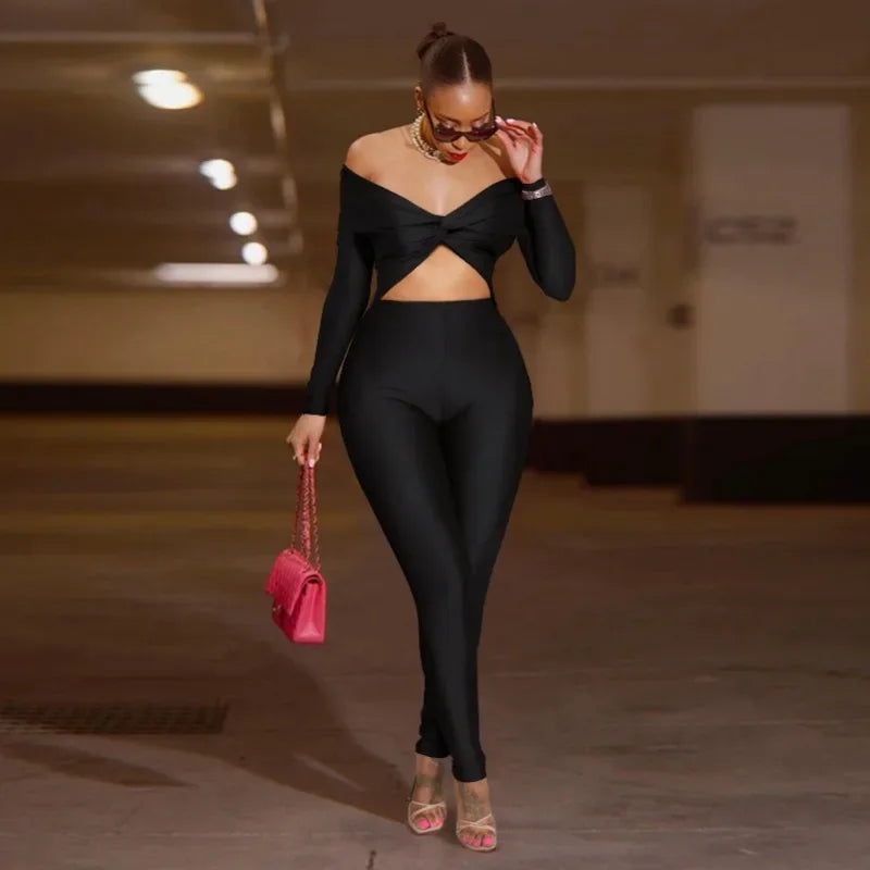 Oneida Hollow Out Sexy Party Clubwear Long Sleeve Slash Neck Crop Jumpsuits
