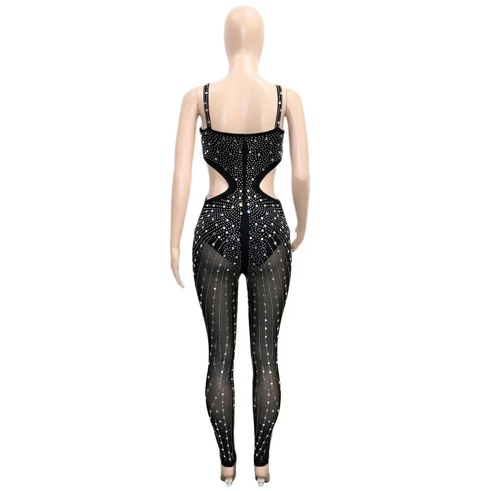 Gramercy Park Fashion Sexy Mesh Perspective Hot Drill Sleeveless Halter Jumpsuit