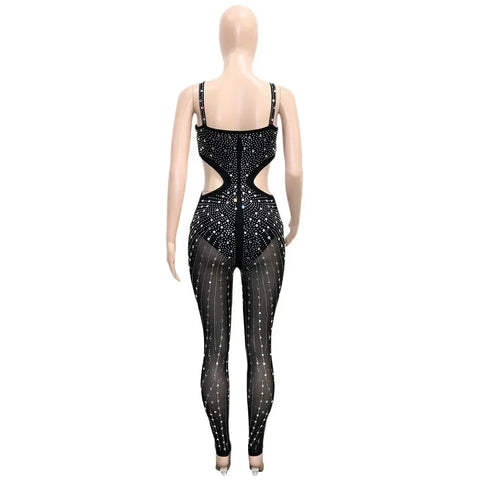 Gramercy Park Fashion Sexy Mesh Perspective Hot Drill Sleeveless Halter Jumpsuit