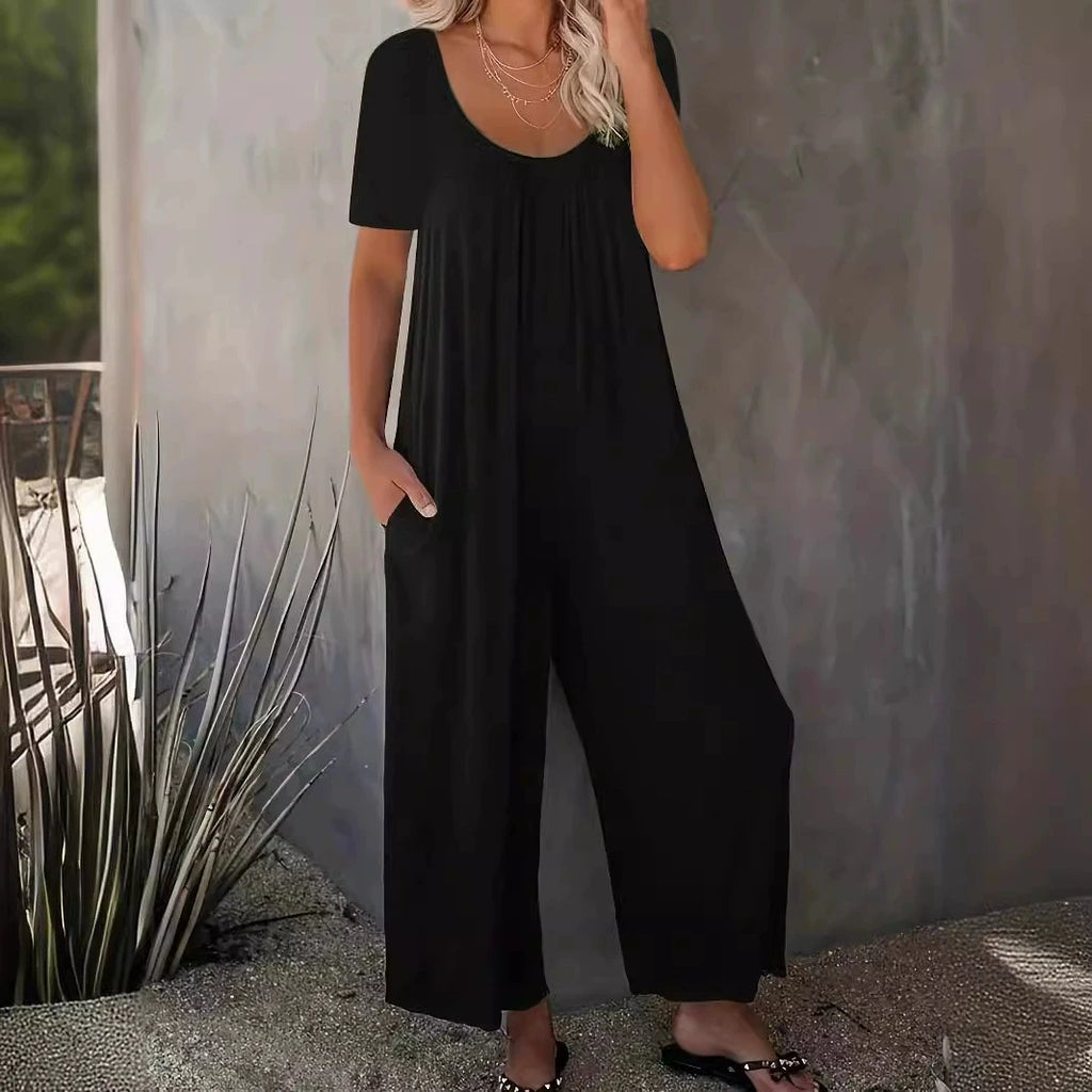 Plus Size Summer Women's Solid Color Jumpsuit with Pockets Casual Fashion